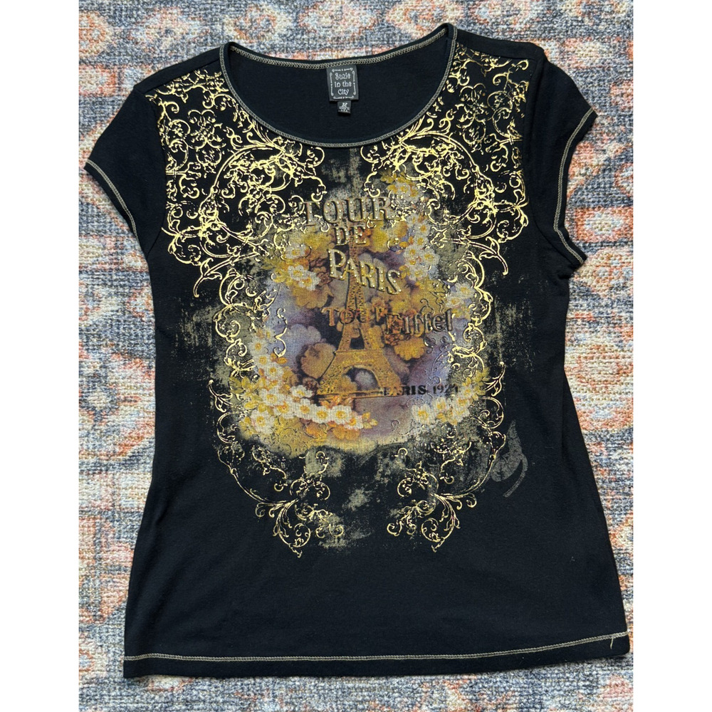 Y2K Suzie In The City Paris Eiffel Tower Graphic Top Black Womens M Tee